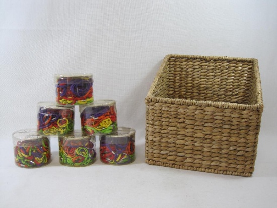 Aria Banter Bands Pet Accessories, Six Containers, 3 Small, 3 Large Sizes, in Woven Reed Basket