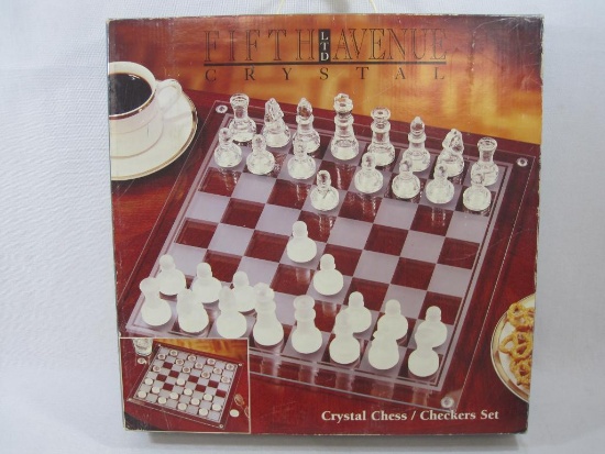 Fifth Avenue LTD Crystal Chess/Checkers Set, 14 X 14 Frosted Glass Game Board, 32 Chess and 24