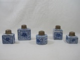 Blue and White Ceramic Canisters with Metal Tops