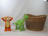 Whicker Basket with Tigger the Tiger and Arlo The Good Dinosaur Animated Toys, As Is Condition