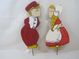 Painted Wood Dutch Boy and Girl Kissing Law Ornaments, approx 17 inches tall