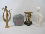 Decorative Items Including Elegant Lady Figure, Ceramic Cat, Vase and more