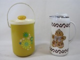 Kromex Yellow Daisy Pattern Ice Bucket with Gingerbread Pattern Thermos Pitcher