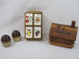 Household Items Includes Ceramic Spice Shakers in Wood Shelf, Crock Style Salt and Pepper Shakers