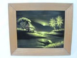 Tropical Island Scene Black Velvet Painting, Wood Frame approx 20 X 24 Inches