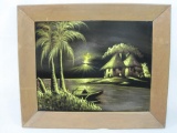 Original Back Velvet Tropical Island Scene Painting, Signed by Artist, Wood Frame approx 20 X 24