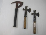 Assortment of Hand Axes, Fire axe and Two Box Hatchets with Nail Pull and Prying Forks