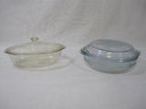 Two baking Dishes, Fire-King Philbe Sapphire Blue Round Roaster with Cover, and Glasbake Oval
