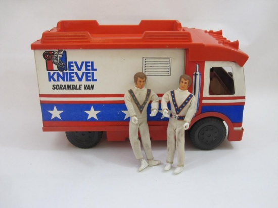 Evel Knievel Scramble Van and Two Evel Knievel Figures, 1973 Ideal Toy Corp, 4 lbs