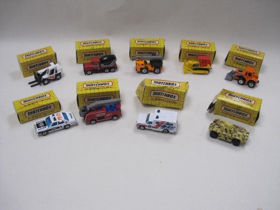 Nine Matchbox Collectibles Includes Military Tank MB 70, Snorkel Fire Truck MB 63, Ford Police Car
