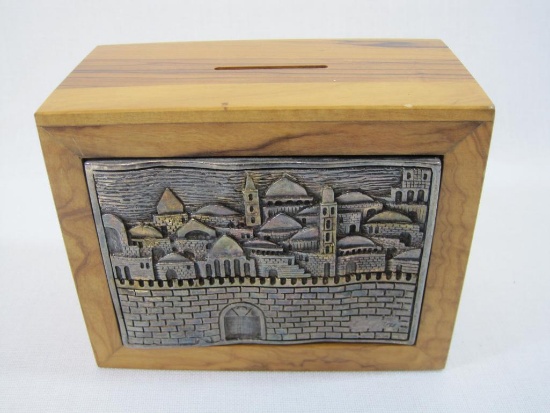 Handmade Olive Wood and Inlaid Metal Coin Bank, A. Klein Jerusalem, 14 oz