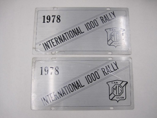 Pair of MG Car Club Metal License Plates, "International 1000" Rally 1978, Plastic Protector Sheet,