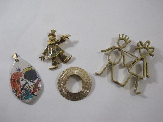 Gold Tone Jewelry including clown pin, pendants and more, 3 oz