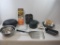 Kitchen Items Including Stainless Steel mixing Bowls, Pyrex 8 x 8 inch Baking Dish, Enamelware