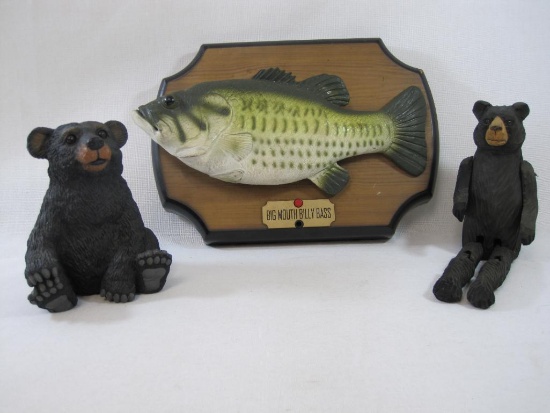 Three Ornaments Includes Big Mouth Billy Bass, Black Bear Cub Resin Garden Ornament, Carved Wood