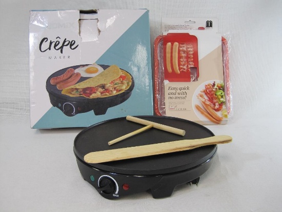 Jydmix Electric Crepe Maker, Nonstick 12 inch, Plus Microwave Sausage and Bacon Cooker, Mugcooler,