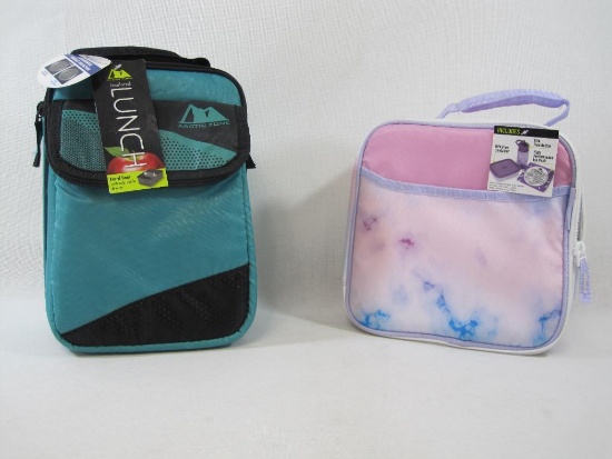 Two Arctic Zone Cooler Lunch bags, Teal Insulated with a Hard Divided Liner, and Pink with Bottle,