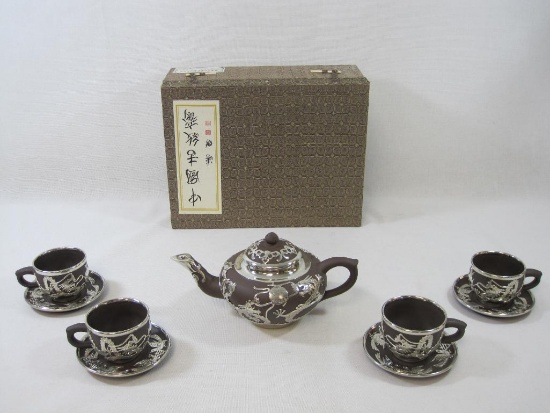Chinese Yixing Ceramics with Metal Overlay Tea Set in Hard Sided Case