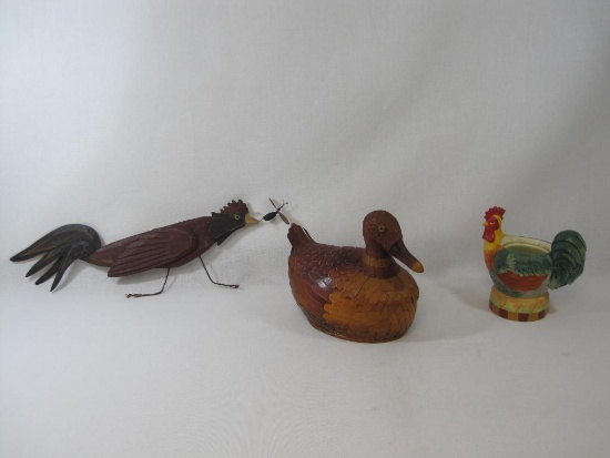 Three Home Decorations Includes Zhejiang Handicrafts Wood Wicker Duck Covered Basket, Carved Wood