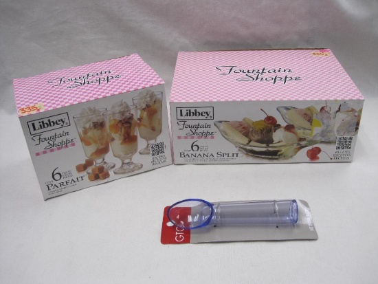 Libbey Fountain Shoppe Glass Items, 6 Banana Split Dishes, 6 Parfait Glasses, plus GTC Ice Cream