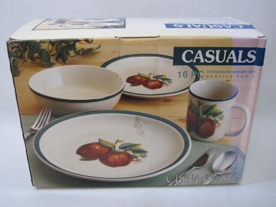 Casuals 16 Piece Stoneware Dinner Set by China Pearl, Apple Pattern Service for Four, New in Box