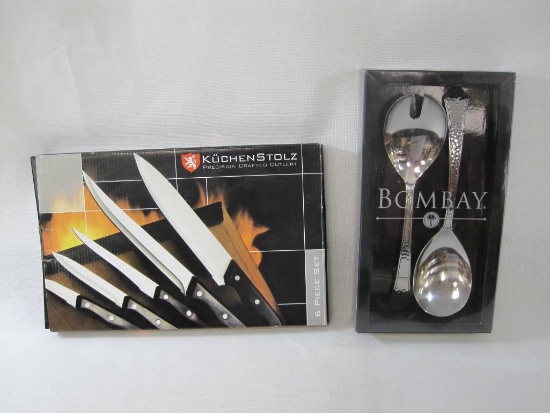 Kuchen Stolz Cutlery 6 Piece Set with Bombay Hammered Serveware Set, New in Boxes