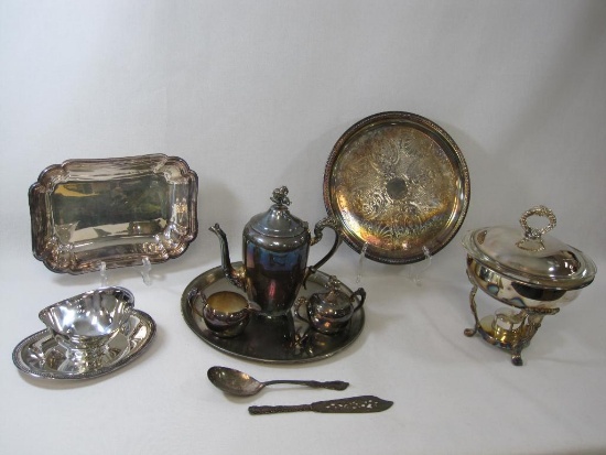 Assortment Of Silver Plate Items Includes Serving Trays, Chafing Dish and Stand, Eaton Hinge Top