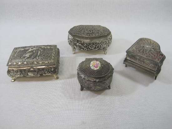 Four Decorative Metal Jewelry/Trinket Boxes, Includes Musical Piano Box