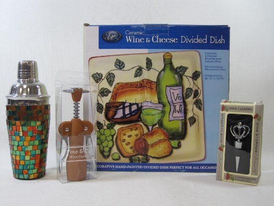 Ceramic Wine and Cheese Divided Dish by Epic with Wine Opener, Wine Stopper and Shaker