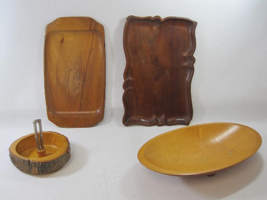 Wood Serving Pieces Includes Three Trays and Nut Bowl with HMB Nut Cracker