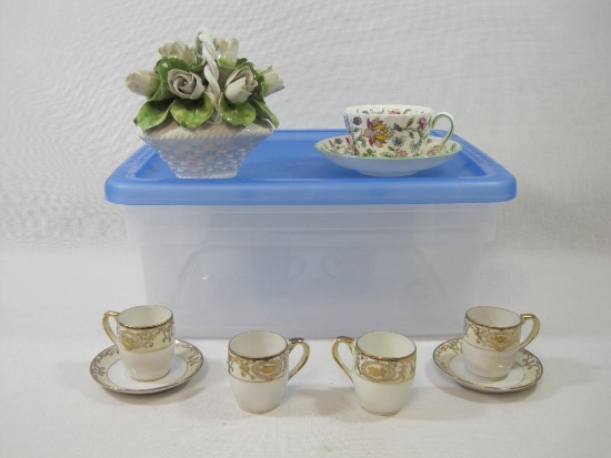 Decorative Items in Portable Storage Bin Includes Minton Haddon Hall Tea Cup and Saucer, Italian