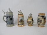 Four German Beer Steins, Three with Covers, Schweinfurt, Das lob ich mir, Innsbruck, with