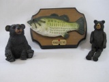 Three Ornaments Includes Big Mouth Billy Bass, Black Bear Cub Resin Garden Ornament, Carved Wood