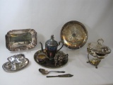Assortment Of Silver Plate Items Includes Serving Trays, Chafing Dish and Stand, Eaton Hinge Top