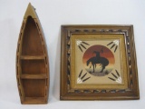 The End of the Trail Framed Navajo Indian Sand Art, signed Johnson, plus Boat Wall Shelf Decoration