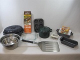 Kitchen Items Including Stainless Steel mixing Bowls, Pyrex 8 x 8 inch Baking Dish, Enamelware