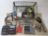 Tools in Metal Tuscan Milk Crate Includes Craftsman Magnetic Tool Box Level, Sockets and Heads Kit,