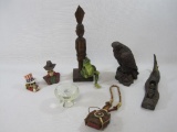 Assortment of Table Decor Items Includes Red Mill MFG Eagle Statue, Animal Hide and Leather Flask,
