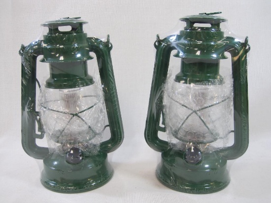Two Vintage Style Green Lanterns, LED and Battery Operated, New