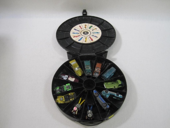 1967 Hot Wheels 12 Car Rally Case with Die Cast Cars, Plus Tin 1967 Custom Camaro Fold Over Pin,
