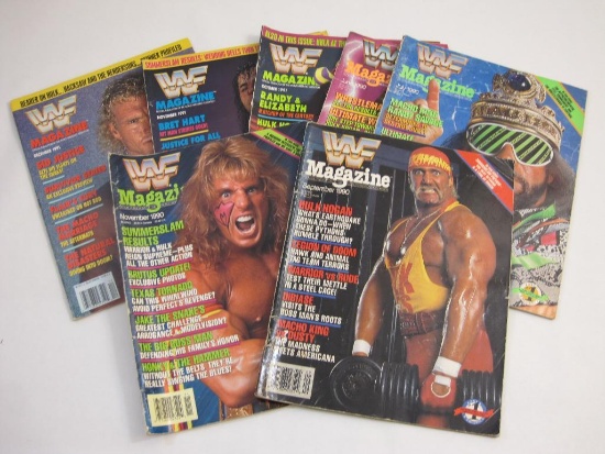 Seven WWF Magazines from 1990-1991 featuring Hulk Hogan, The Ultimate Warrior, Macho Man Randy