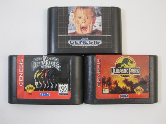 Three Sega Genesis Games: Mighty Morphin Power Rangers The Movie, Home Alone, and Jurassic Park,