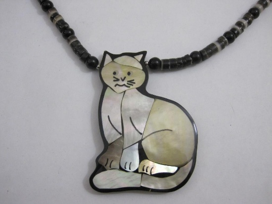 Lee Sands Mother of Pearl Inlay Cat Pendant and Beaded Necklace in branded box, 3 oz