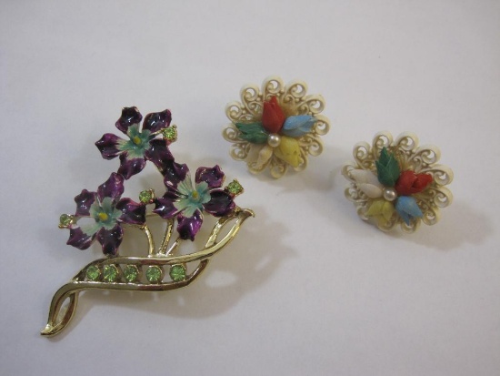 Vintage Flower Earrings and BJ Flower Pin, 2 oz