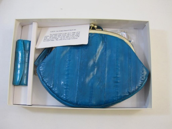 Lee Sands Genuine Eel Skin Framed Clutch Set in Teal with clutch, crossbody strap, keychain, and