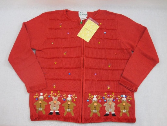 New Quacker Factory 1X Red Zip-Up Christmas Sweater with Reindeer, 1 lb 7 oz