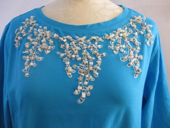 New Bob Mackie's Embroidered & Embellished Necklace T-Shirt in Turquoise, size medium, 11 oz