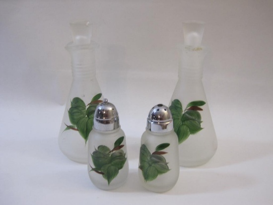 Vintage Hazel Atlas Frosted Satin Glass Double Spout Cruets with Stoppers and Salt and Pepper Shaker