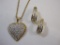 14K Gold Two Tone Heart Pendant and Necklace with Earrings, 13.7 g total weight