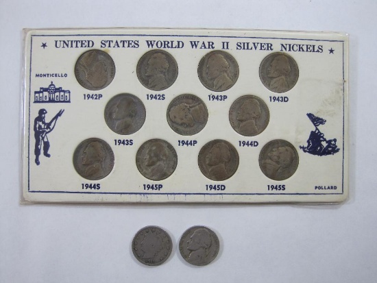 US 1911 Liberty Head V Nickel with a 1941 Jefferson Nickel, Plus a Display Card of US World War II